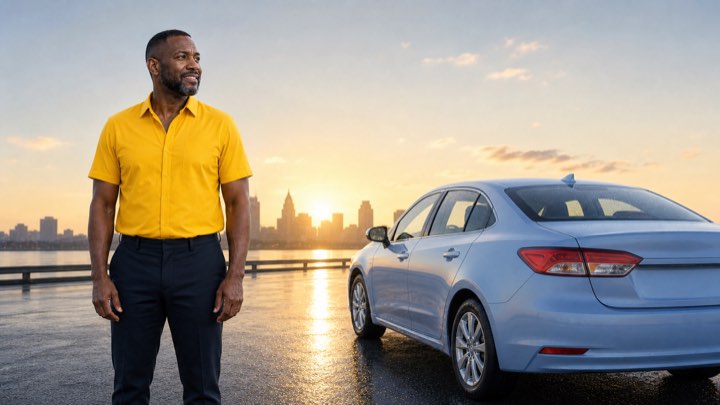 After: a man beside his repaired car at sunrise