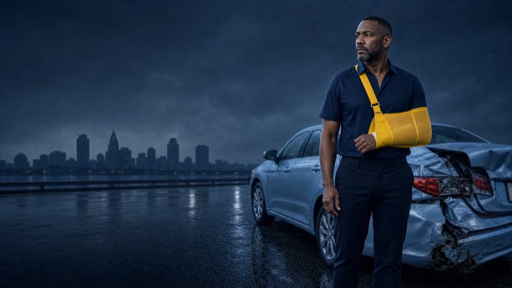 Before: a man beside his damaged car under a storm