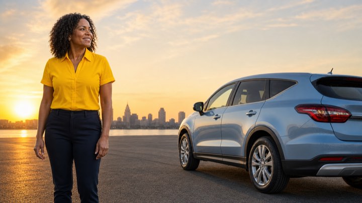 After: a woman beside her repaired car