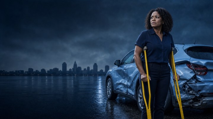 Before: a woman on crutches beside her damaged car