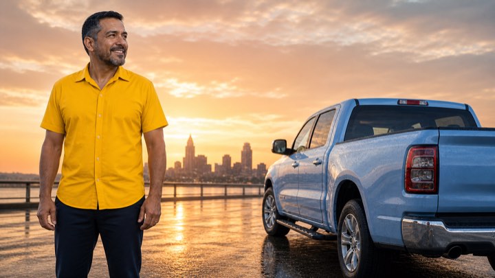 After: a man beside his repaired car