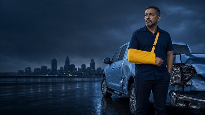 Before: a man in a sling beside his damaged car