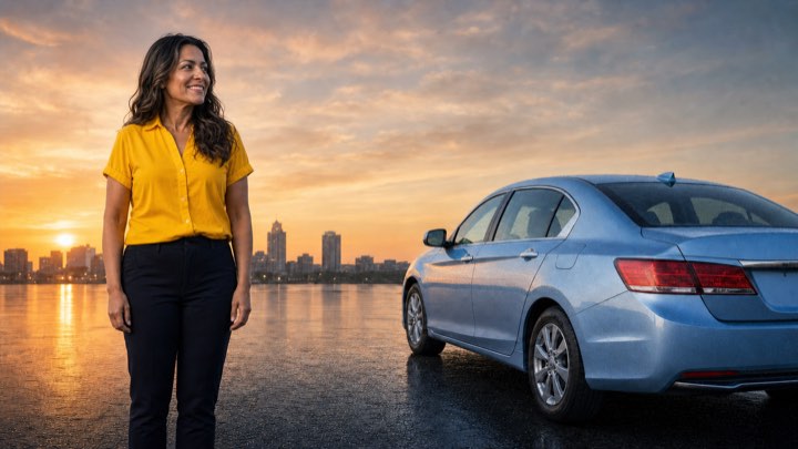 After: a woman beside her repaired car