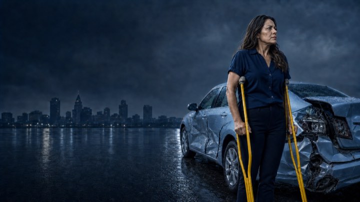 Before: a woman beside her damaged car