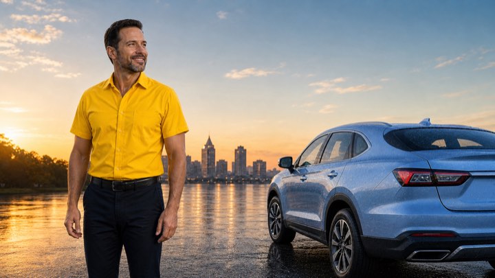 After: a man beside his repaired car