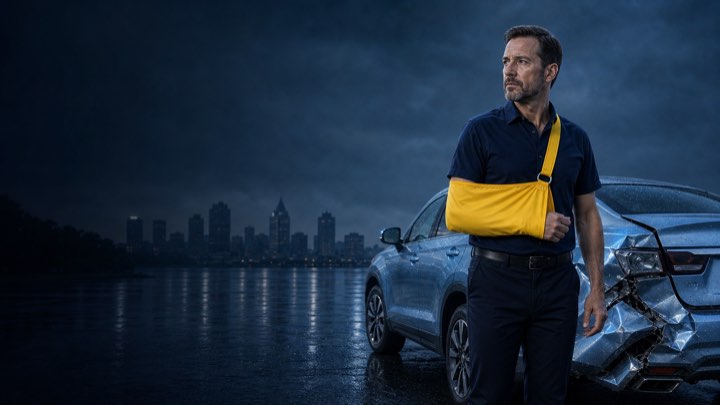 Before: a man beside his damaged car