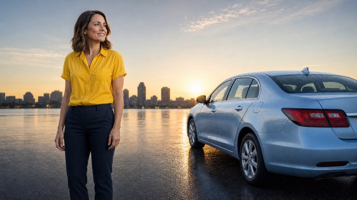 After: a woman beside her repaired car