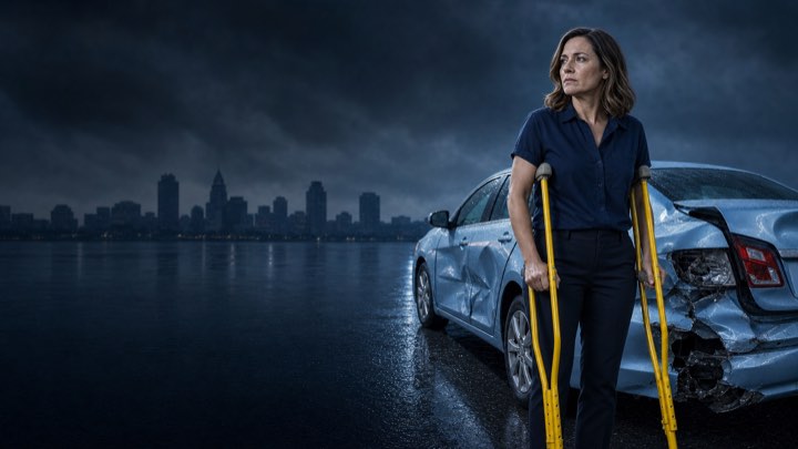 Before: a woman beside her damaged car